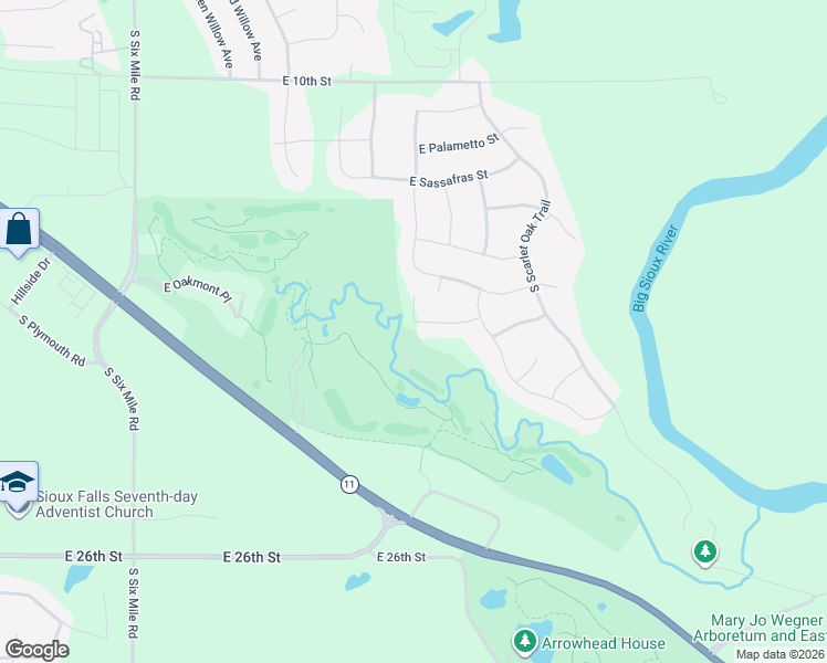 map of restaurants, bars, coffee shops, grocery stores, and more near 1104 South Balsam Circle in Sioux Falls