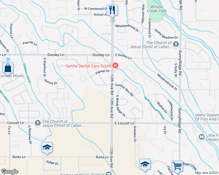 map of restaurants, bars, coffee shops, grocery stores, and more near 490 East Sunrise Rim Court in Nampa