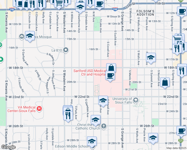 map of restaurants, bars, coffee shops, grocery stores, and more near South West Avenue in Sioux Falls