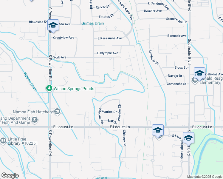 map of restaurants, bars, coffee shops, grocery stores, and more near 2121 Primrose Drive in Nampa