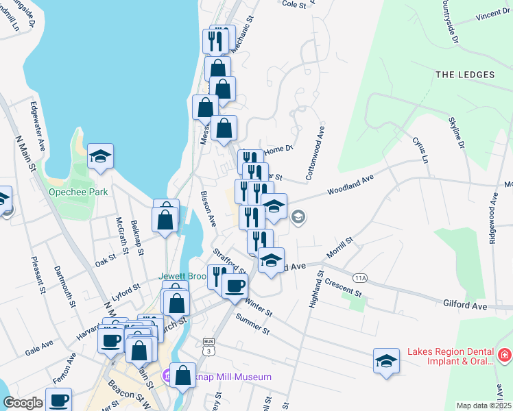 map of restaurants, bars, coffee shops, grocery stores, and more near 385d Union Avenue in Laconia