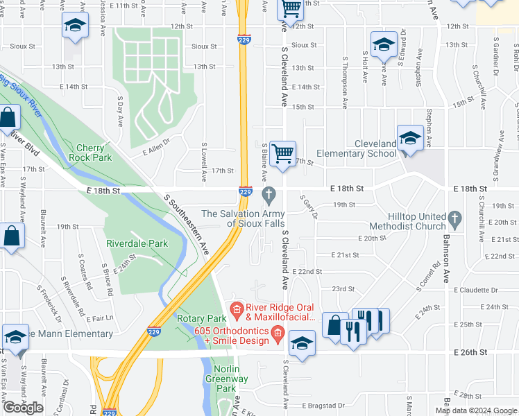 map of restaurants, bars, coffee shops, grocery stores, and more near 1109 South Blaine Avenue in Sioux Falls