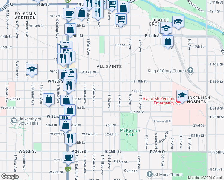 map of restaurants, bars, coffee shops, grocery stores, and more near 1015 South 2nd Avenue in Sioux Falls