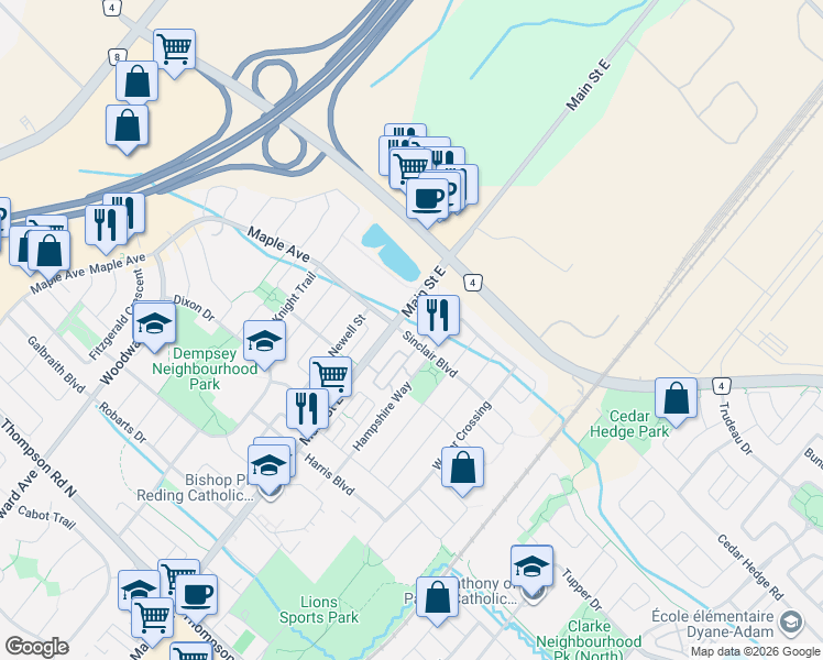 map of restaurants, bars, coffee shops, grocery stores, and more near 1440 Main Street East in Milton