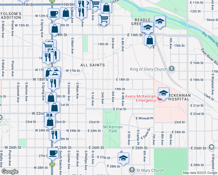 map of restaurants, bars, coffee shops, grocery stores, and more near 312 East 19th Street in Sioux Falls