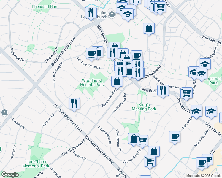 map of restaurants, bars, coffee shops, grocery stores, and more near 3582 Woodhurst Crescent in Mississauga