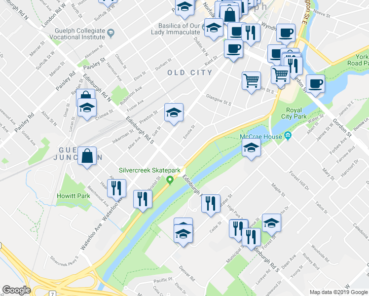 map of restaurants, bars, coffee shops, grocery stores, and more near Bristol Street in Guelph