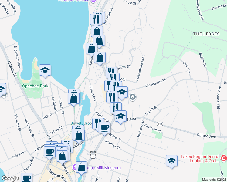map of restaurants, bars, coffee shops, grocery stores, and more near 385d Union Avenue in Laconia