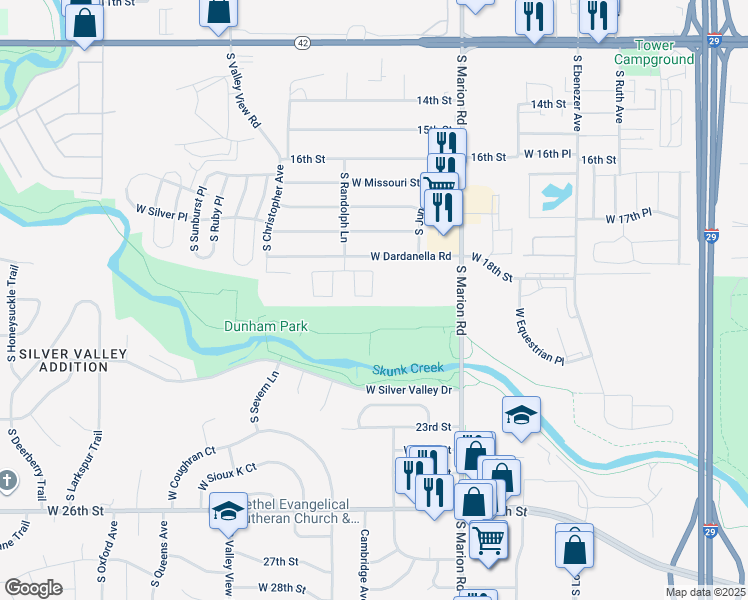 map of restaurants, bars, coffee shops, grocery stores, and more near 1115 South Newport Place in Sioux Falls