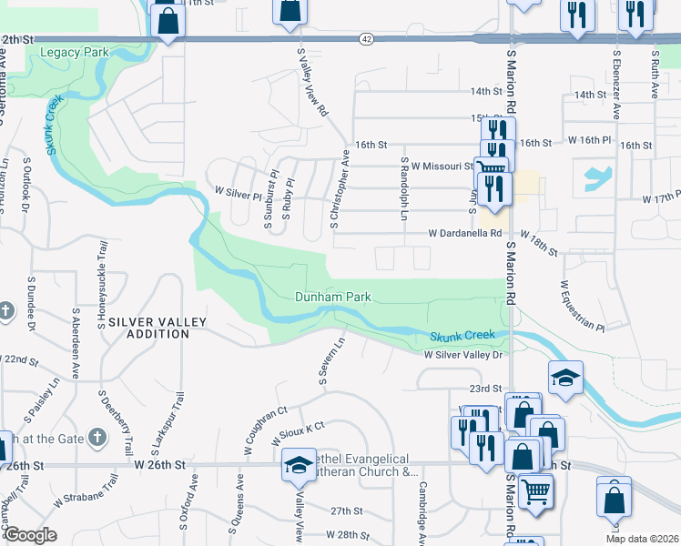 map of restaurants, bars, coffee shops, grocery stores, and more near 5807 West Christopher Place in Sioux Falls