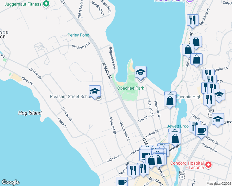 map of restaurants, bars, coffee shops, grocery stores, and more near 906 North Main Street in Laconia