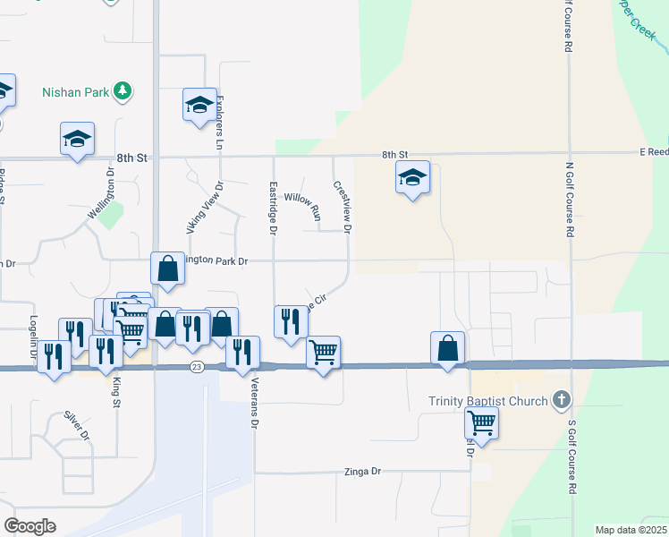 map of restaurants, bars, coffee shops, grocery stores, and more near 2138 Huntington Park Drive in Reedsburg