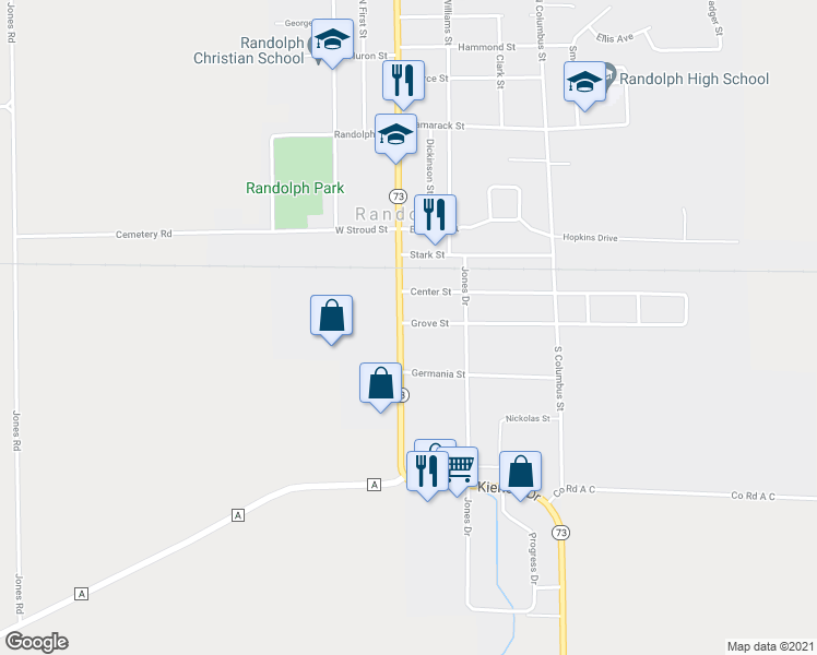 map of restaurants, bars, coffee shops, grocery stores, and more near 219 South High Street in Randolph
