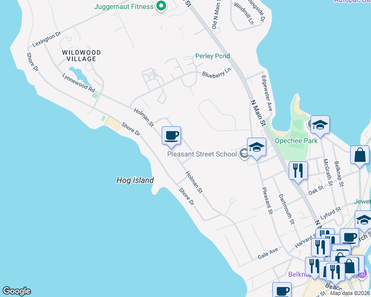 map of restaurants, bars, coffee shops, grocery stores, and more near 16 Birchwood Way in Laconia