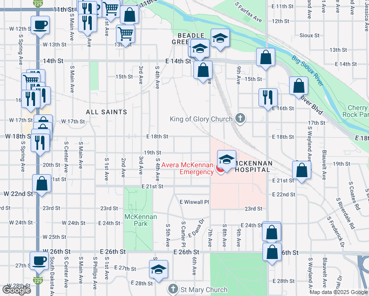 map of restaurants, bars, coffee shops, grocery stores, and more near 624 East 19th Street in Sioux Falls