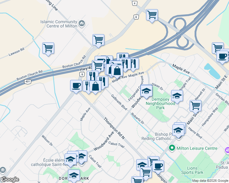 map of restaurants, bars, coffee shops, grocery stores, and more near 267 Fitzgerald Crescent in Milton