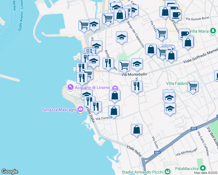 map of restaurants, bars, coffee shops, grocery stores, and more near 53 Via San Jacopo In Acquaviva in Livorno