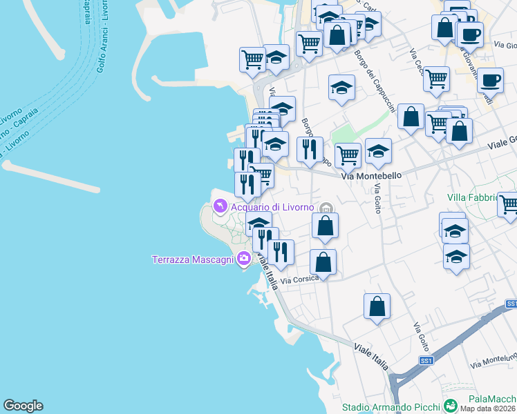 map of restaurants, bars, coffee shops, grocery stores, and more near 141 Viale Italia in Livorno