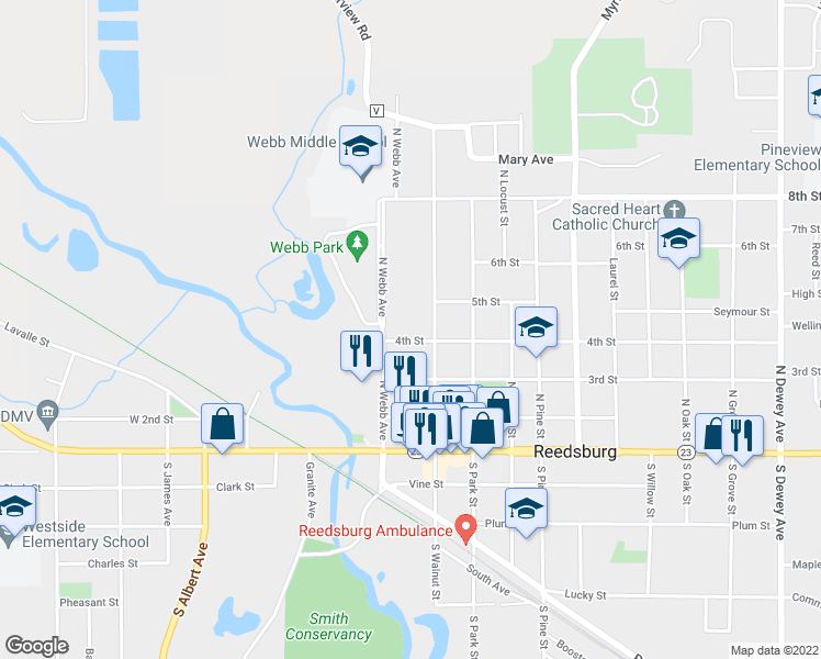 map of restaurants, bars, coffee shops, grocery stores, and more near 155 4th Street in Reedsburg