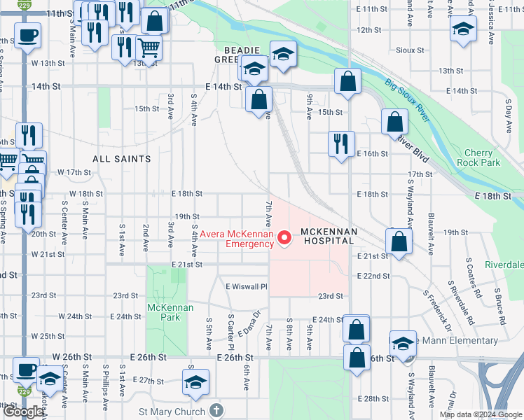 map of restaurants, bars, coffee shops, grocery stores, and more near 716 East 19th Street in Sioux Falls