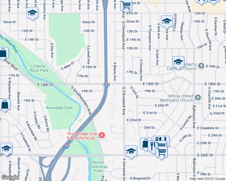 map of restaurants, bars, coffee shops, grocery stores, and more near 1109 South Blaine Avenue in Sioux Falls