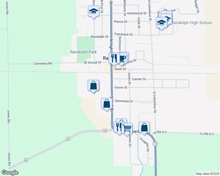 map of restaurants, bars, coffee shops, grocery stores, and more near 219 South High Street in Randolph