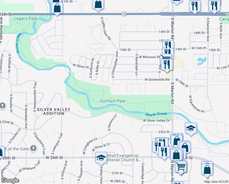 map of restaurants, bars, coffee shops, grocery stores, and more near 5807 West Christopher Place in Sioux Falls