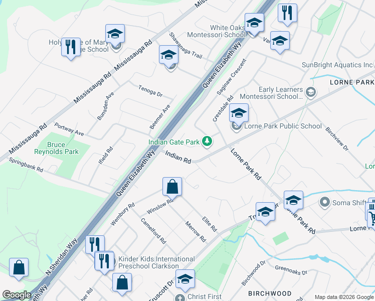 map of restaurants, bars, coffee shops, grocery stores, and more near 1944 Calgary Court in Mississauga