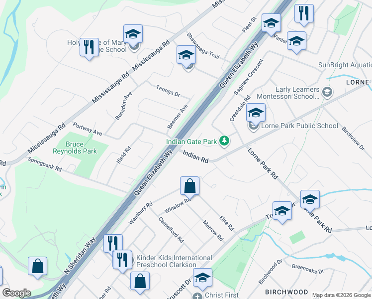 map of restaurants, bars, coffee shops, grocery stores, and more near 1511 Indian Road in Mississauga