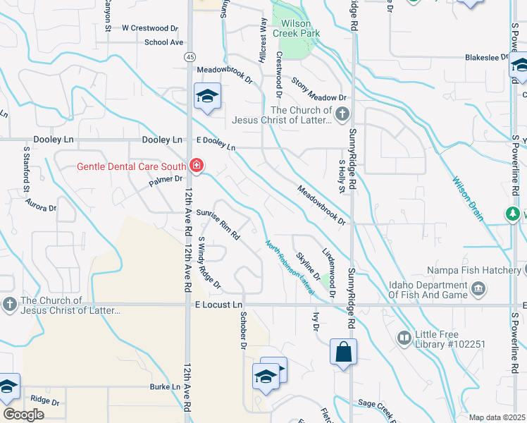 map of restaurants, bars, coffee shops, grocery stores, and more near 3417 Cedar Park Court in Nampa