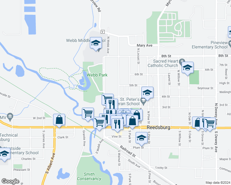 map of restaurants, bars, coffee shops, grocery stores, and more near 155 4th Street in Reedsburg