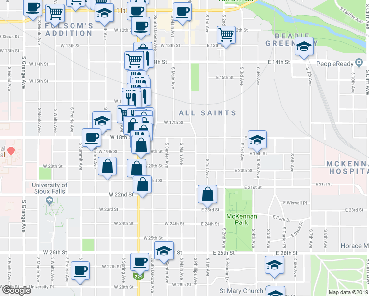 map of restaurants, bars, coffee shops, grocery stores, and more near 1012 South Main Avenue in Sioux Falls