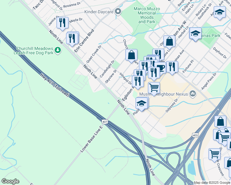 map of restaurants, bars, coffee shops, grocery stores, and more near 10-5035 Ninth Line in Mississauga