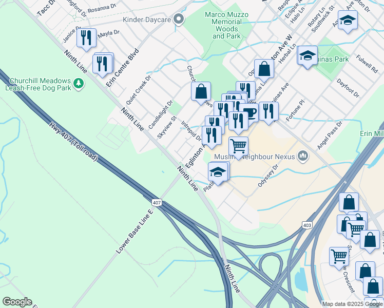 map of restaurants, bars, coffee shops, grocery stores, and more near 22 Eglinton Avenue West in Mississauga