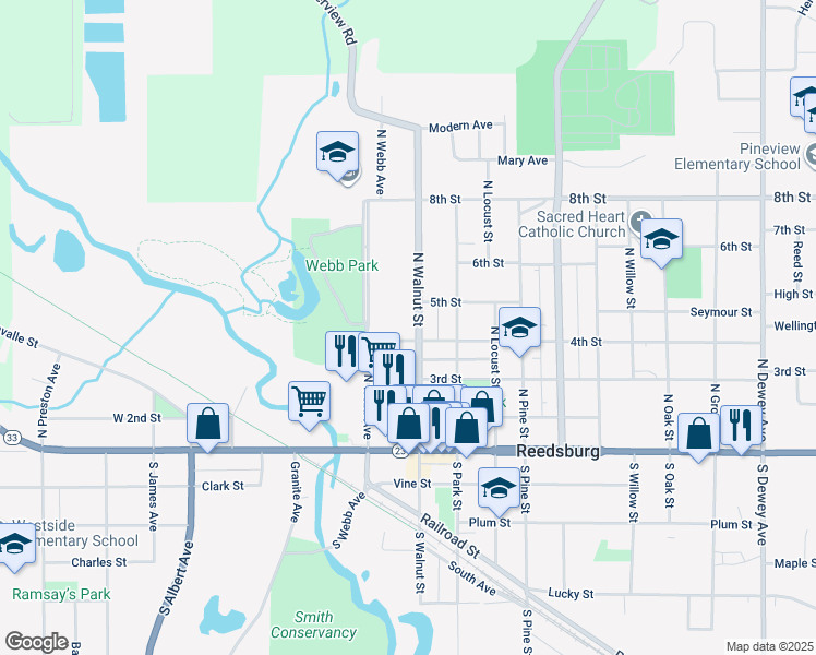 map of restaurants, bars, coffee shops, grocery stores, and more near 401 North Walnut Street in Reedsburg