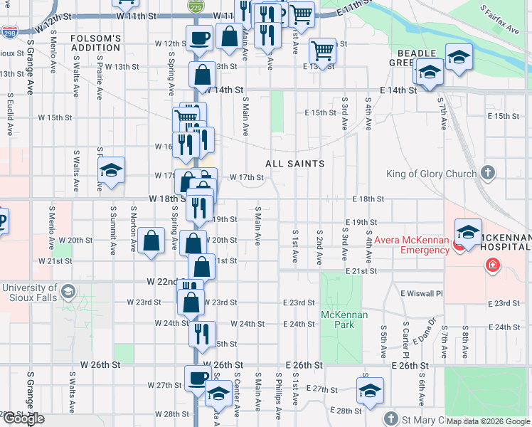 map of restaurants, bars, coffee shops, grocery stores, and more near 118 West 19th Street in Sioux Falls