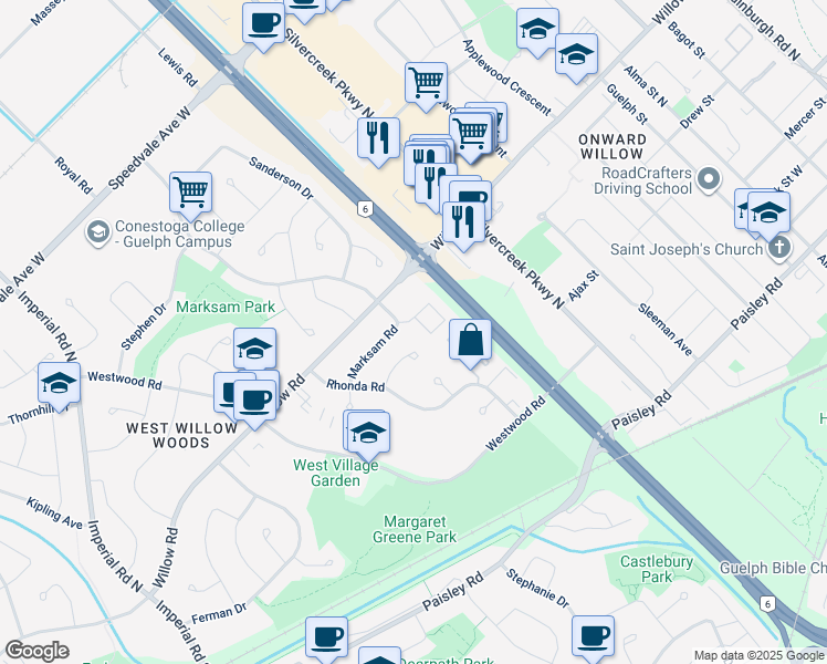 map of restaurants, bars, coffee shops, grocery stores, and more near 45 Marksam Road in Guelph