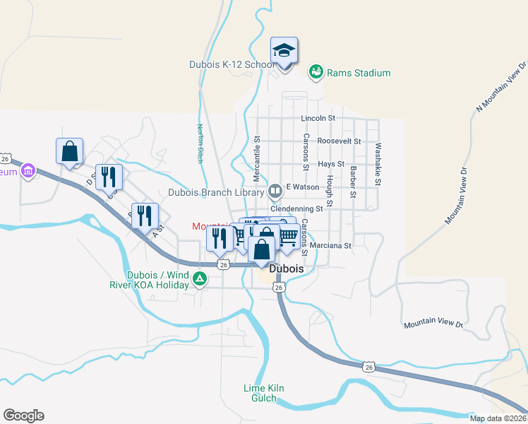 map of restaurants, bars, coffee shops, grocery stores, and more near 119 Mercantile Street in Dubois