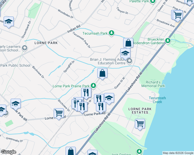 map of restaurants, bars, coffee shops, grocery stores, and more near 1005 Fair Birch Drive in Mississauga