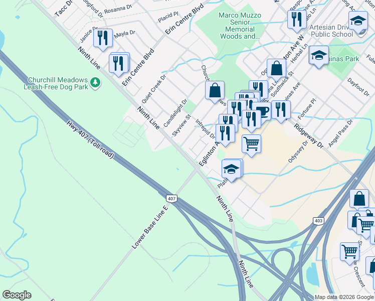 map of restaurants, bars, coffee shops, grocery stores, and more near 5035 Ninth Line in Mississauga