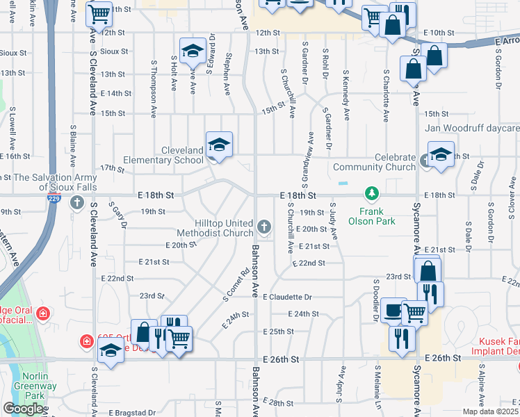 map of restaurants, bars, coffee shops, grocery stores, and more near 1200 South Bahnson Avenue in Sioux Falls
