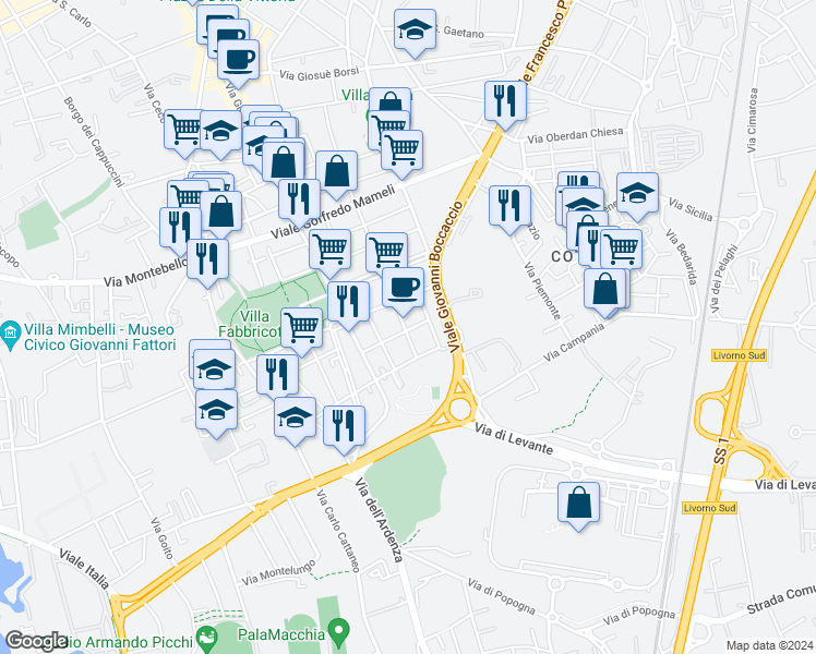 map of restaurants, bars, coffee shops, grocery stores, and more near 63 Via Temistocle Guerrazzi in Livorno