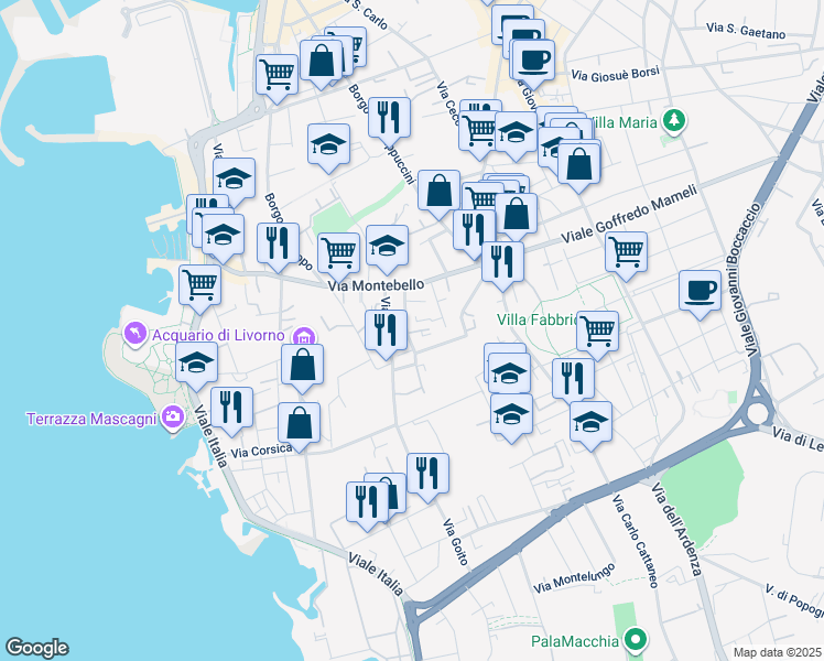map of restaurants, bars, coffee shops, grocery stores, and more near 18 Via Costanzo Ebat in Livorno