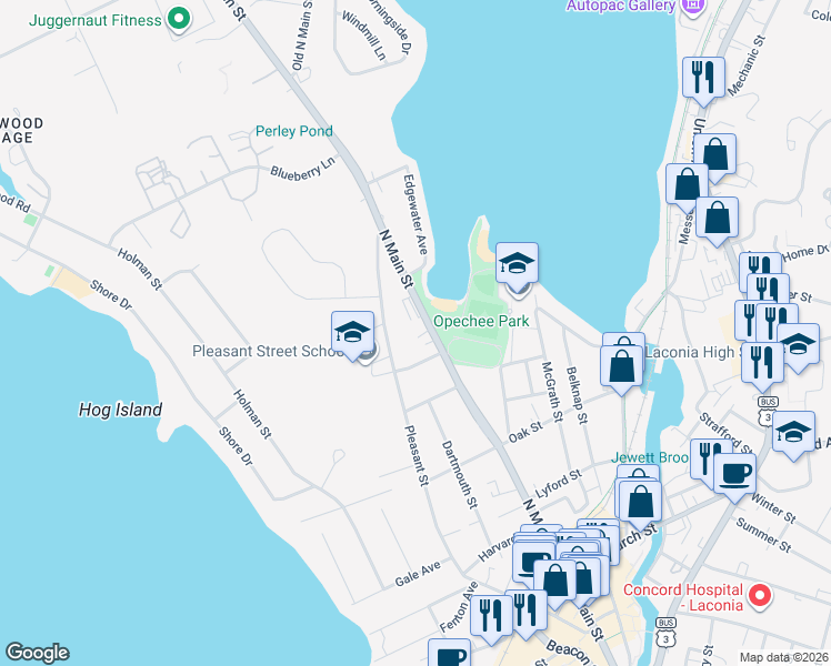 map of restaurants, bars, coffee shops, grocery stores, and more near 906 North Main Street in Laconia