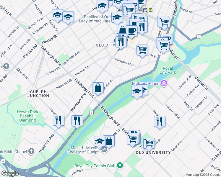map of restaurants, bars, coffee shops, grocery stores, and more near 103-125 Raymond Street in Guelph