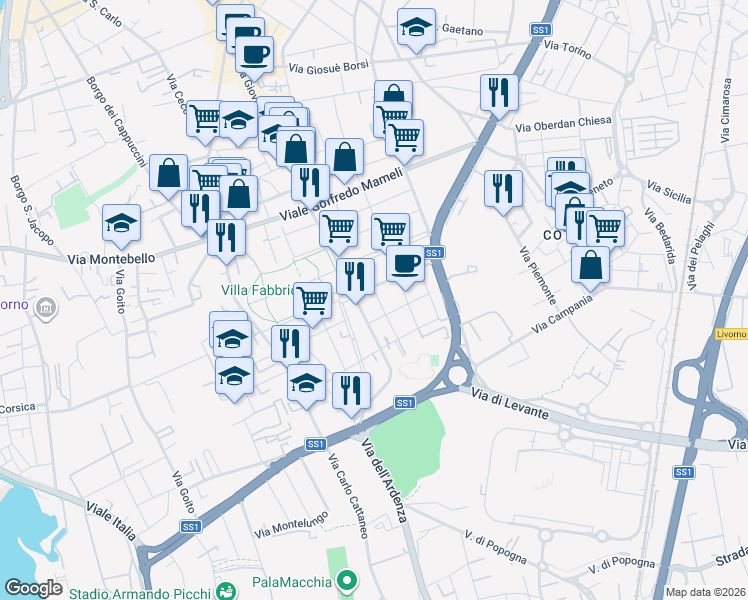 map of restaurants, bars, coffee shops, grocery stores, and more near 8 Via Medaglie D'Oro della Resistenza in Livorno