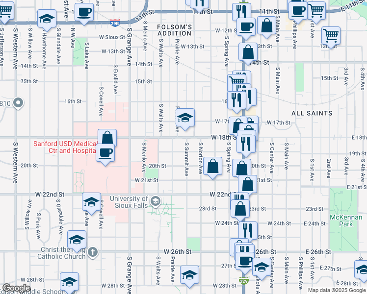 map of restaurants, bars, coffee shops, grocery stores, and more near 1017 South Summit Avenue in Sioux Falls