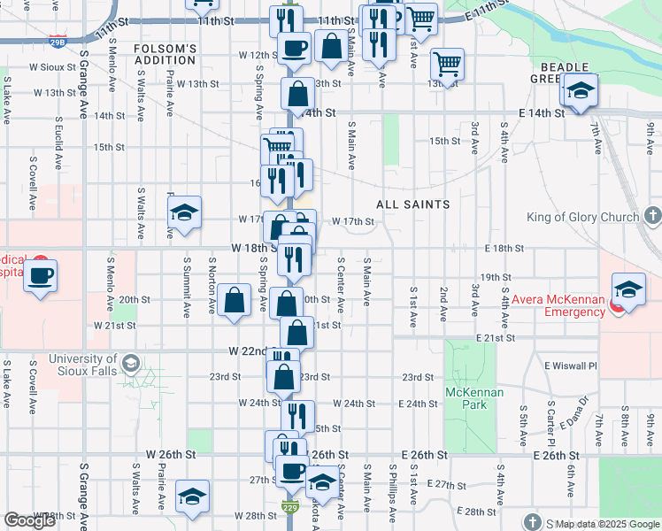 map of restaurants, bars, coffee shops, grocery stores, and more near 318 West 19th Street in Sioux Falls