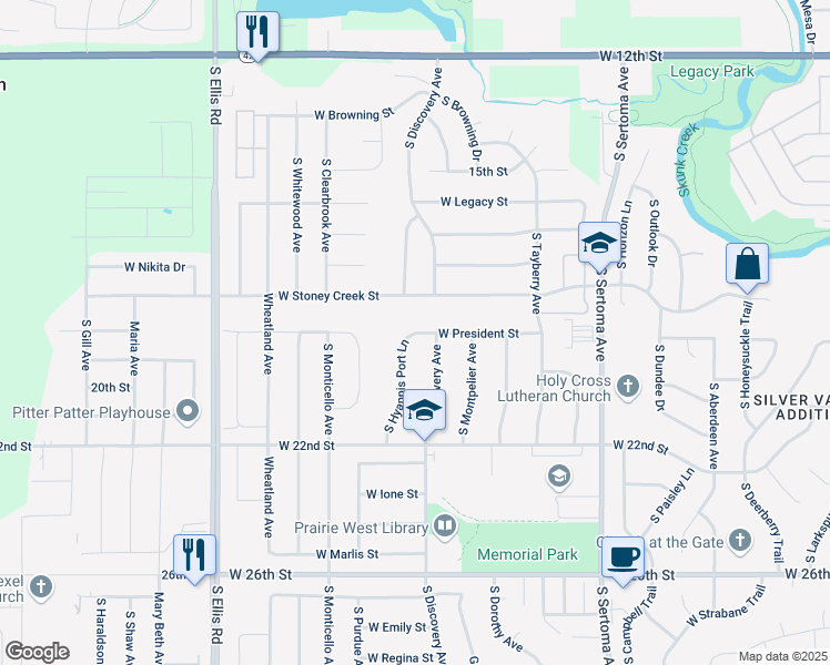 map of restaurants, bars, coffee shops, grocery stores, and more near West President Street in Sioux Falls