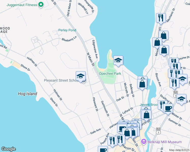 map of restaurants, bars, coffee shops, grocery stores, and more near 906 North Main Street in Laconia